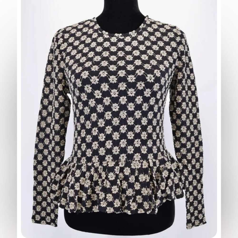 Rebecca Taylor Black & Cream Floral Lace Detail Peplum Top‎ New XS